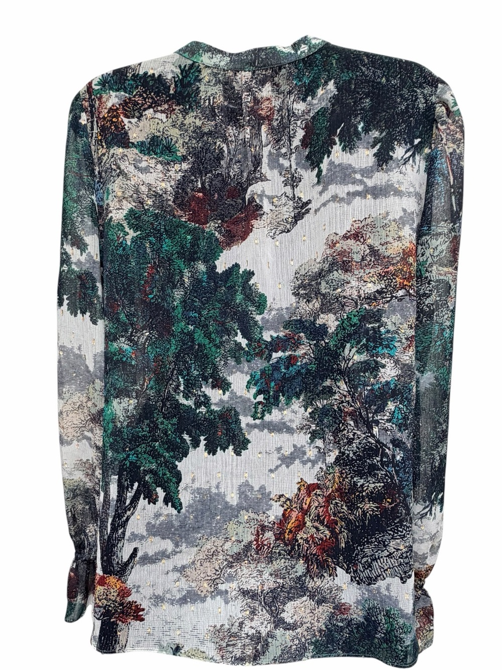 White House Black Market M Scenic Toile Print Sheer Blouse Ruffle Cuff - Picture 8 of 15